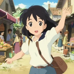 anime visual, portrait of a young female traveler in a busy medieval village exterior shopping, cute face by ilya kuvshinov, yoh yoshinari, makoto shinkai, dynamic pose, dynamic perspective, cel shaded!!!, flat mucha, rounded eyes, crisp smooth clean lines, strong silhouette
