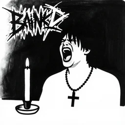 minimalist xeroxed drawing of a black metal musician wearing an upside down cross necklace screaming next to a candlestick, band logo in the top left, b & w, black background