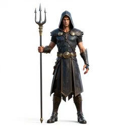 hooded poseidon with trident, detailed 3d character render, full body, standing, isolated on a pure white background, centered, whole figure in frame, sharp focus, studio lighting