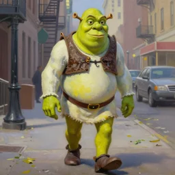 Shrek walking on new york street wearing a suit , hyperdetailed , 80s , oil painting