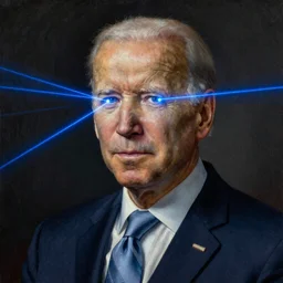 leonardo da Vinci oil painting of Joe Biden with blue lasers shooting out of his eyes,