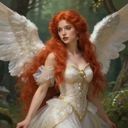 a beautiful red haired woman as an angelic fairy princess in a garden, deep focus, d & d, fantasy, intricate, elegant, highly detailed, digital painting, artstation, concept art, matte, sharp focus, illustration, hearthstone, art by artgerm and greg rutkowski and alphonse mucha
