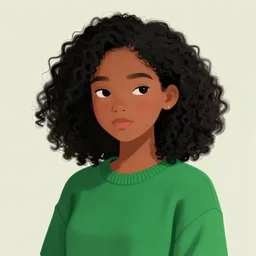 a shy brazilian girl blushing, dark skin, black curly hair, wearing a green sweater, digital art, artstation, smooth