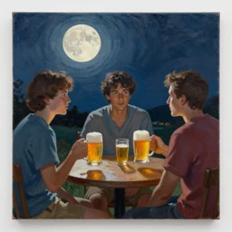 painting of three a. igas having a beer on a full moon night