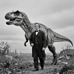 portrait of a highly realistic allosaurus-person, real dinosaur-person, dressed as victorian gentleman, black and white, wet plate photograph, ultrasharp detail, 4k, HD, walking with dinosaurs, ILM