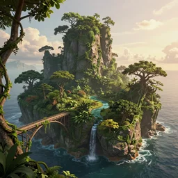 beautiful render of an island world, unreal engine, first light, jungle, rivers, bridges, rainforest, vines, trees, rocky outcroppings, ocean, serene sunsets, soft light, by greg rutkowski, cgsociety