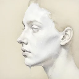 watercolor in wet paper, a profile face portrait liquid white of a human white face that melt down flow go runny by marlene dumas, face painted with white thick fluid, detailed watercolor, light colors, grainy, contrast
