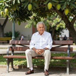 Picture of Andres Manuel Lopez Obrador sitting on a park bench, underneath a mango tree