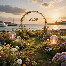 a dream flower garden near a seaside harbor environment where one draws mystical energy into their lives, background art, pristine concept art, small, medium and large design elements, golden hour, in the style of WLOP and Ross Tran