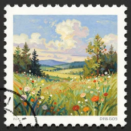 melted romantic painting of a landscape, on a poststamp
