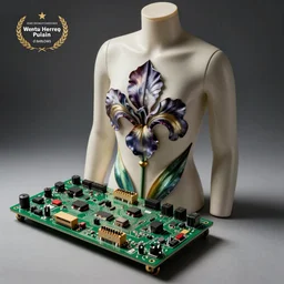 hyperrealistic detailed photograph of a power amplifier circuit board pcb lacing an iris van herpen design on a female mannequin by wayne d barlowe