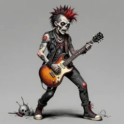 zombie punk rocker playing guitar by agnes cecile, brian froud, intricated details, full body portrait, extremely luminous bright design, horror, pastel colours, toxic drips, autumn lights, rule of thirds by francis tneh