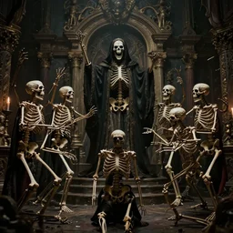 photo of undead skeletons performing a sacred blasphemous mind-bending ritual, style of Wayne Barlowe, lavish rococo baroque setting, fashion-photography, unholy ceremony, sacrilegious rite, evil, menacing, ominous, threatening, sinister, malevolent. Highly-detailed, photographic, cinematic, dramatic, establishing shot