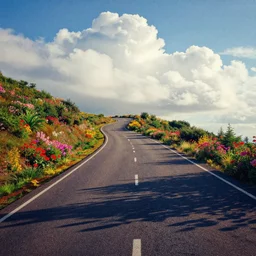 long winding road, white sea cloud, summer morning, very coherent and colorful high contrast, art by! gediminas pranckevicius! geof darrow, pastel color, volumetric lighting, cinematic, floralpunk screen printing woodblock, dark shadows, hard lighting, stippling art