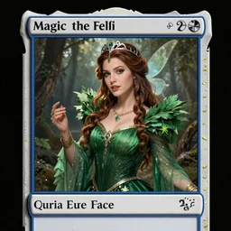 A beautiful Queen of the Fae with brown hair wearing a green pleated dress and a silver diadem, Magic the Gathering card art