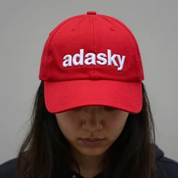 a person with a red hat that says adasky