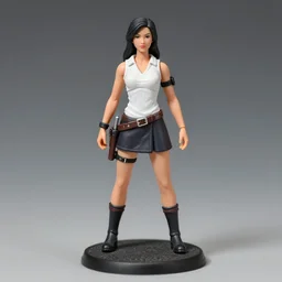 A full body-shot, color studio photograph portrait of 80mm resin model figure of a woman warrior in sleeveless white shirt on the textured base, ambient lighting, 2004 photo from miniature shop website.