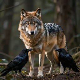 ! human wolf crow werecreature, photograph captured at woodland creek