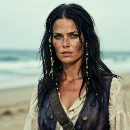 a award winning outdoors beach portrait photo of a 1 7 0 0 s dirty rugged greek tanned pirate woman with black smooth hair, chiseled nose, blue eyes, vest, movie color graded