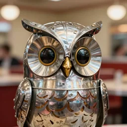 closeup face portrait of a tin toy owl in a 1 9 5 0 s diner, by nicoletta ceccoli, mark ryden, lostfish, max fleischer, depth of field, detailed and intricate environment, 8 k resolution, hyperrealistic, octane render
