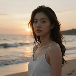 a portrait of woman on the sunset beach