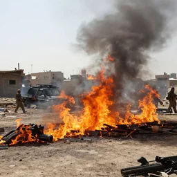 High quality photography of Baghdad on fire during the 2003 US invasion of Iraq, wide-angle lens, award-winning photography