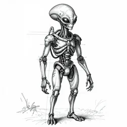 detailed blueprint of an alien cyborg, black and white style by leonardo davinci