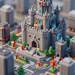 closeup zoom of a tin toy isometric voxel art cyberpunk city with a giant castle in the background, nicoletta ceccoli, mark ryden, lostfish, max fleischer, depth of field, detailed and intricate environment, 8 k resolution, hyperrealistic, octane render
