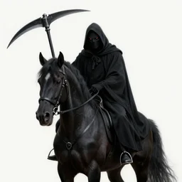 photograph of the grim reaper riding a black warhorse, holding a wicked scythe, black robe, fiery eyes, matte painting, realistic, super - resolution, perfectionism, elegant, octane engine, neo - gothic, detailed, sharp focus, illustration, coherent