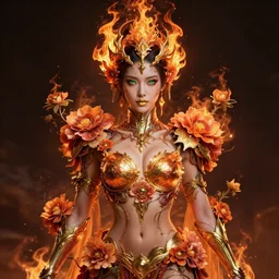front full body of a beautiful oriental cyborg warrior woman, green eyes, gold lips, entwined in flowers and fire, crown of fire, highly detailed, sci - fi, intricate, decadent, highly detailed, octane render, concept art, smooth, sharp focus, hyper - realistic
