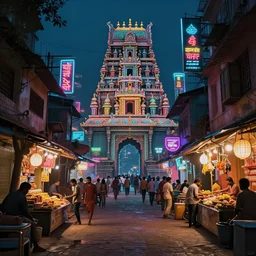 futuristic indian slum with hindu kovil slum street with shops with neon sign in night, photorealism, unreal engine, 8 k, volumetric lighting, beeple style