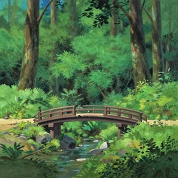 forest landscape with a broken bridge  in the gouache style of kyoto animation
