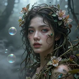 elaborately ultradetailed close up portrait of an extremely beautiful girl surrounded by beautiful vines, flowers, an eerie mist and ethereal rainbow bubbles, Aetherpunk, high fantasy matte painting, concept art, smooth, sharp focus, atmospheric lighting, highly detailed illustration highlights, backlight, uplight, Exquisite 8K detail post-processing, award winning picture, sense of awe, featured on DeviantArt