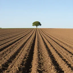 ploughed field, lines leading to a single point on the horizon, single beautiful tree on horizon - n 4