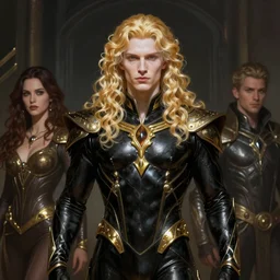 Lucius as an androgynous albino prince in a black gilded obsidian bodysuit, long fluffy golden blonde curly hair, digital painting, muscular young man, sci-fi setting, symmetrical features, Daniel Gerhartz, high detail intricate, artstation, WLOP, Artgerm, J. Scott Campbell; Olivia De Berardinis, Daniel Gerhartz, jack kirby, mysterious vibes
