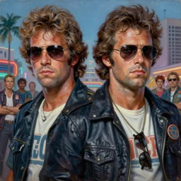 an oil painting closeup of eighties miami vice, crockett + tubbs, ultra realistic, highly detailed, masterpiece, cinematic by frank frazetta, greg rutkowski, beeple, yoko taro, christian macnevin, beeple, wlop, krenz cushart, epic fantasy character art, volumetric lighting, cgsociety