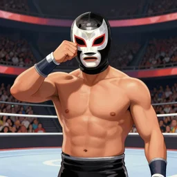 luchador removing his mask to reveal the same mask underneath, wrestling ring, packed arena, event lighting, 3 0 0 mm, f / 2. 8