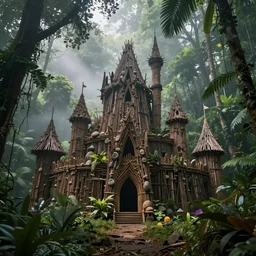 photo of a beautiful heavenly castle built with sticks and stones in the deep jungle, misty godrays