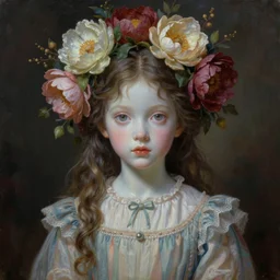 a young girl portrait with porcelain face and hazelnut big eyes, dressed in a vintage long dress, blooming mystic flowers in her head, conceptual art, oil fantasy painting, hyperdetailed, dramatic light, 8 k