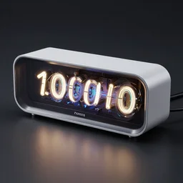 nixie tube clock radio, futuristic, glowing, cyberpunk, product photography, high tech ornaments, intricate, innovative, genius design, sublime