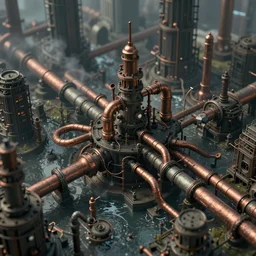 an elaborate penned illustration of a apocalyptic intricate connected city of tubes and pipes, muted colors, copper pipers, by jan van haasteren and jheronimus bosch, unreal engine, physically based rendering, ariel view, tilt - shift, grim, moody, shiny, industrial, water, smoke, reflective, cinematic, isometric
