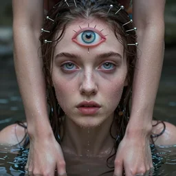 wet three eyed goddess, third eye in middle of forehead, wide wide shot, wet hairy bodies, wet feet in water, soft colors, wet eye in forehead, pins, very detailed, wet eyes reflecting into eyes reflecting into  infinity, beautiful lighting