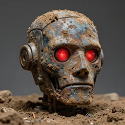 super rusty robot head, glowing red eyes, covered in mud and dirt, found in an excavation, archeology, studio photograph, ultra realistic,