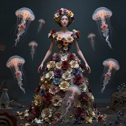 one woman with a dress made of dead flowers and jellyfishes, by weta digital, highly detailed, soviet art, epic composition, decay, agony