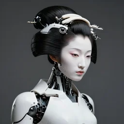 fine art portrait head shot minimal geisha cyborg mech by ilm and bill sienkiewicz and emmanuel shiu, zaha hadid, simplified neo - futuristic tactical, coy posed feminine, studio, mamiya 6 5 mm photograph, iso 4 0 0, f / 5. 6, hyperrealistic, studio lighting, high detail, sharp focus, trending artstation, cgsociety