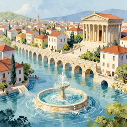 Fantasy city with a flooded area, fountain, aqueduct, ancient Greek temple, marble estates. In colorful watercolor style.