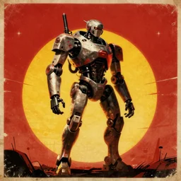 a retrofuturism robot hunter from bloodborne in yharnam, style by retrofuturism, faded red and yelow, by malcolm smith, old comics