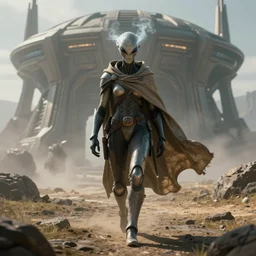 a strong alien with glowing smokey eyes wearing simplistic body armor and a flowing cloth poncho walks towards an alien base on a vast landscape, dramatic lighting, light fog, 8 k cg render, highly detailed, trending on artstation