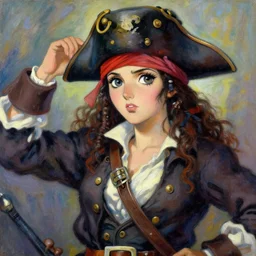 wide angle close - up painting of a female pirate, a thrifty uniform, somewhat of an anime in impressionist style, trending artwork, illustrated in anime painter studio, by claude monet and an anime artist, collaboration
