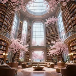 inside a huge library, futuristic architecture, many windows, cherry blossom, sophisticated furniture detail, landscape, huge space, full view, bottom - up view cinematic, epic movie, fantasy, magic, dreamscape, realistic, 8 k, high resolution, detail, hyper detail